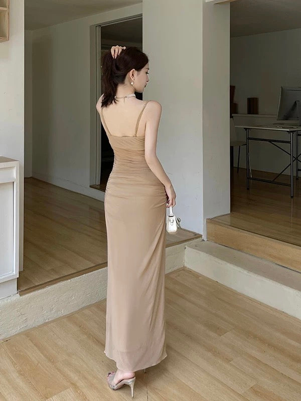 Simple Mermaid Spaghetti Strap Champagne With Ruffle Date Floor Length Night Birthday Outfit Formal Prom Dresses RB5469
