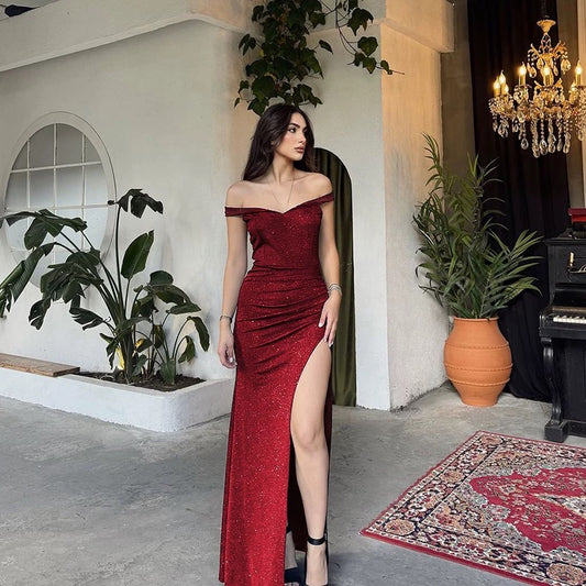 Simple Mermaid Off The Shoulder Black Sequined With Slit Date Long Night Birthday Outfit Formal Prom Dresses RB5474