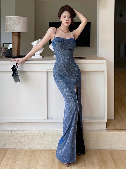 Modest Mermaid Spaghetti Strap Sequin Navy Blue Beach Holiday Outfits Long Date Night 19th Birthday Outfit Formal Dresses RB5736