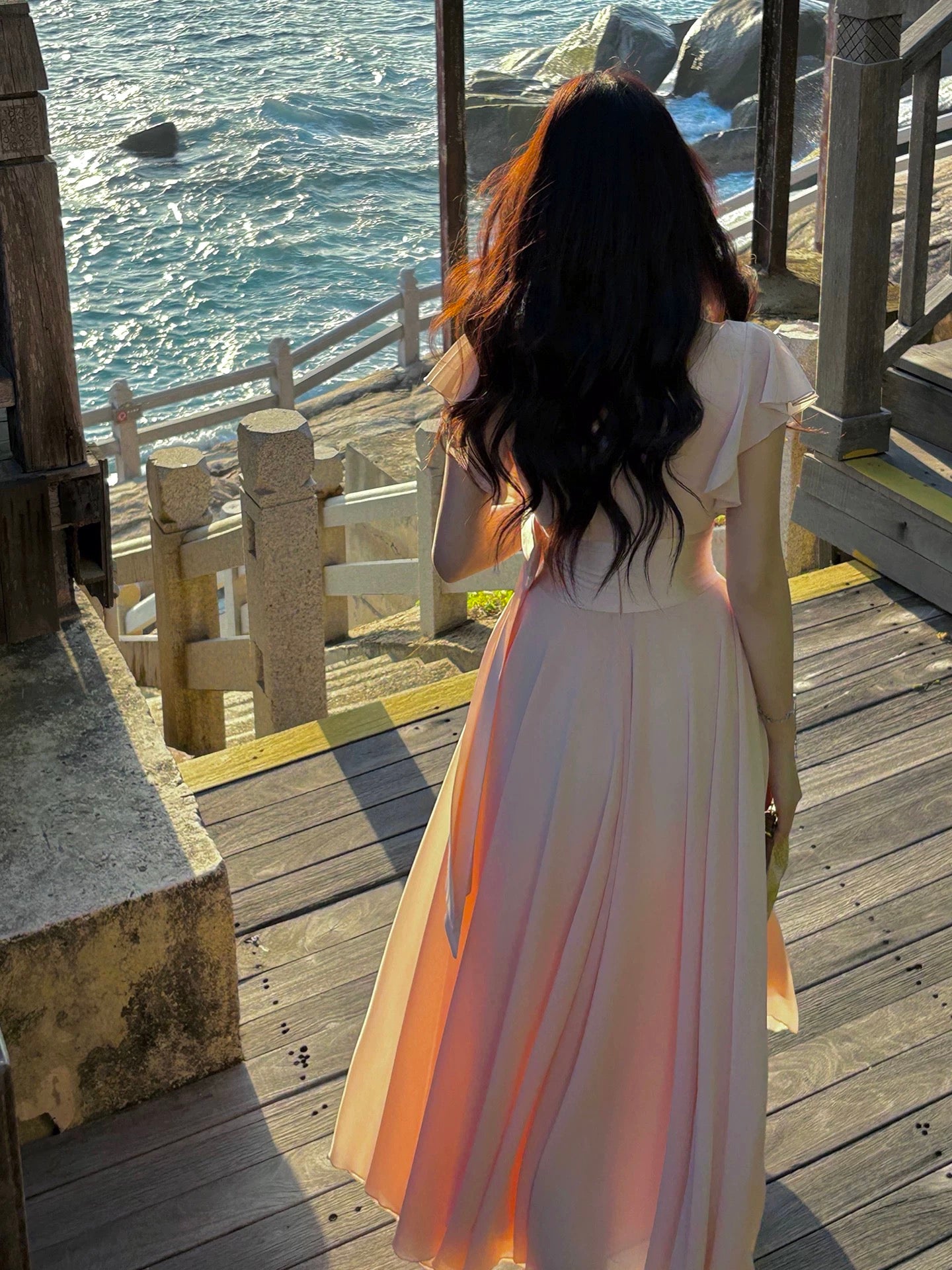Modest A line V Neck Blush Pink Chiffon Spring Summer Event Outfits Wedding Guest Dresses RB3857