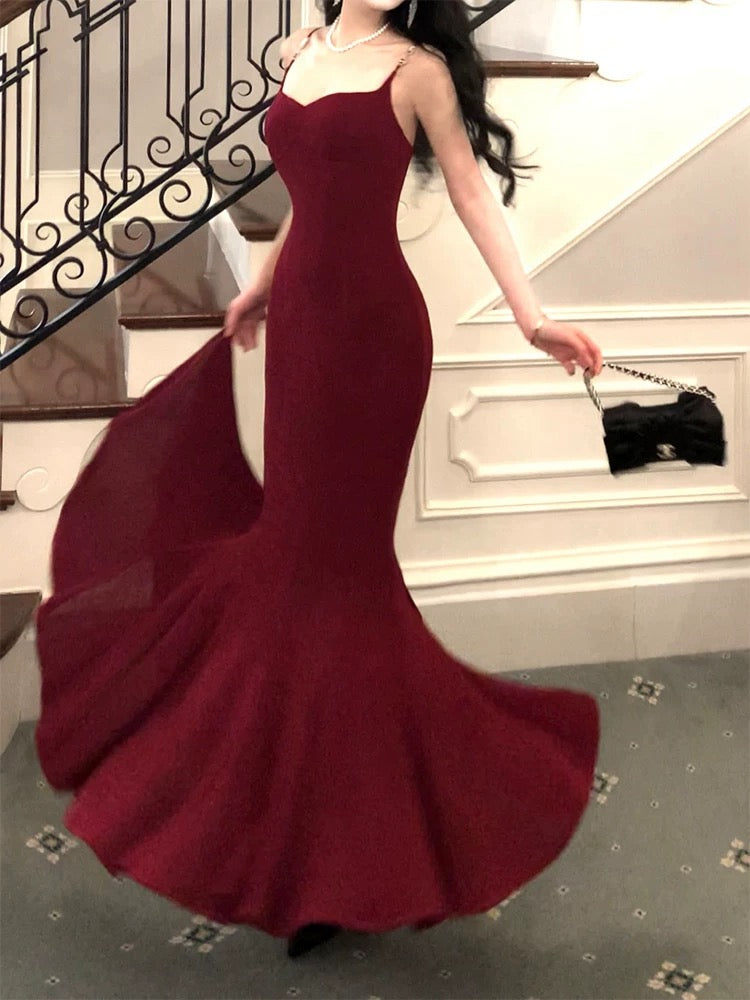 Simple Mermaid Spaghetti Strap Burgundy Cruise Ship Formal Night Evening Dresses 20th Long Birthday Outfit RB3879
