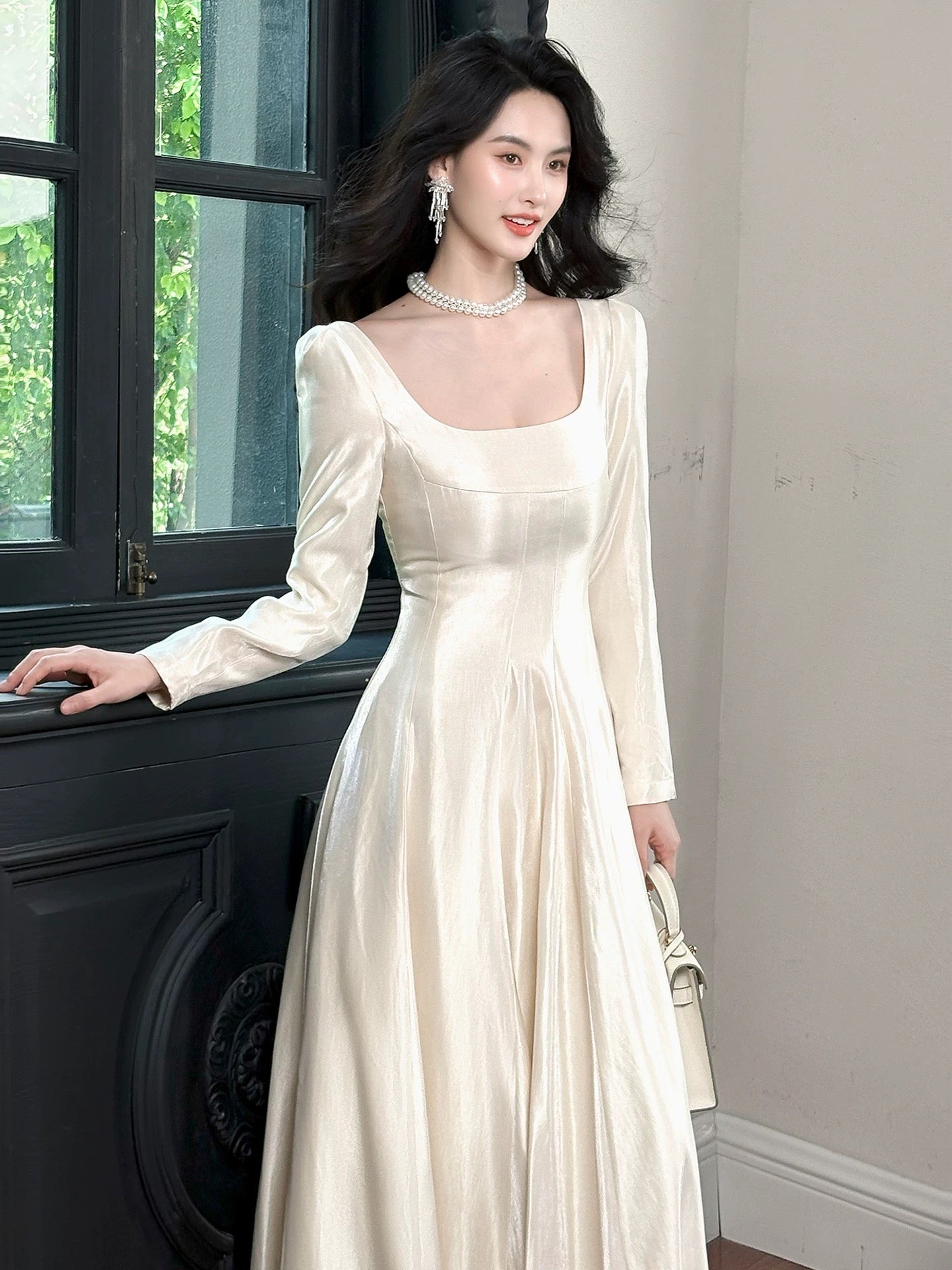 A Line Elegant Long Sleeves Waist-cinching Full-hem Maxi Dress Semi Formal Summer Garden Beach Spring Event Outfits Wedding Guest Dress RB4969