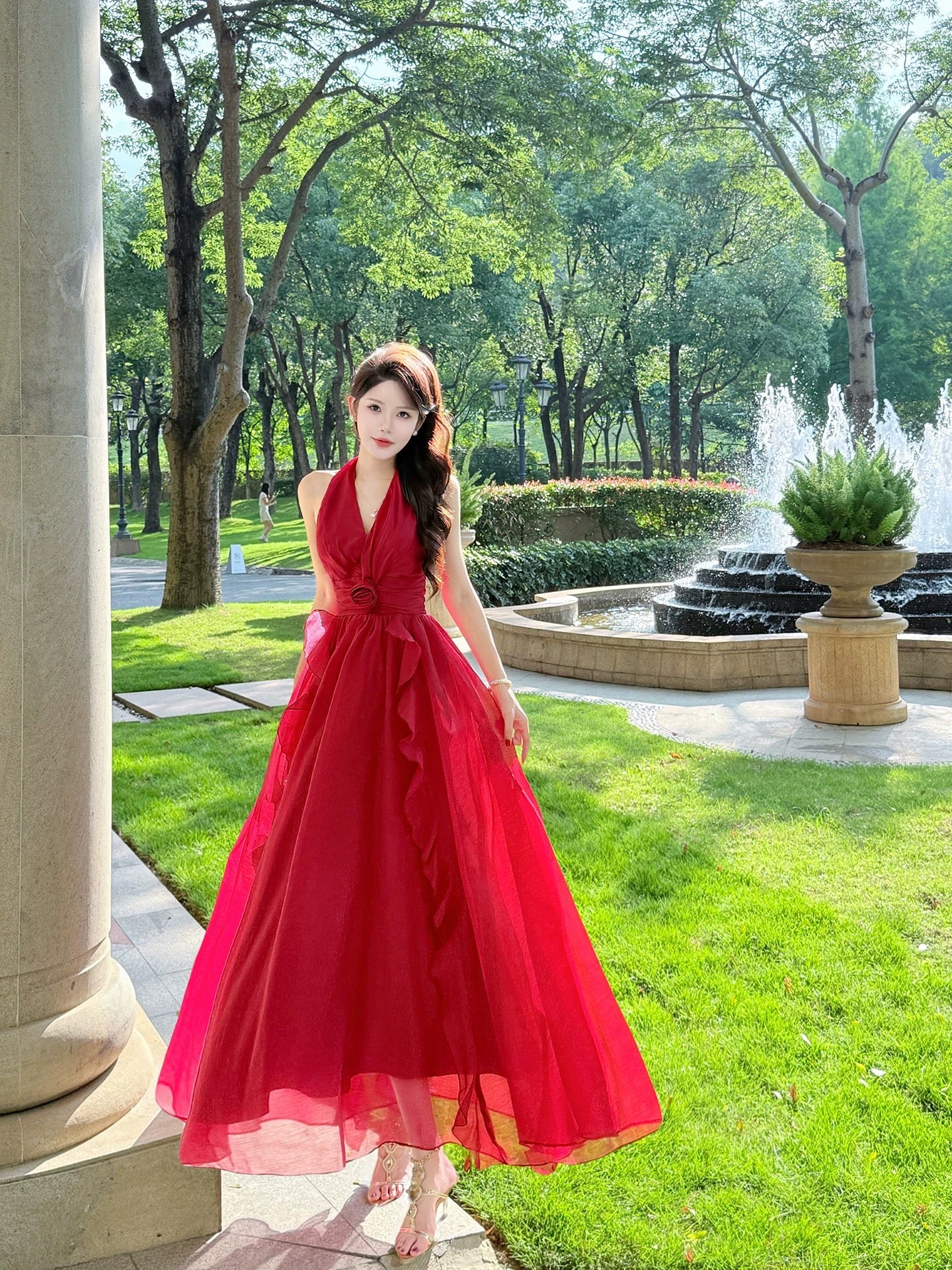 Timeless A Line Halter Sleeveless Burgundy Chiffon Date Night Outfit With Ruffled Outdoor Semi Formal Wedding Guest Dresses RB5022