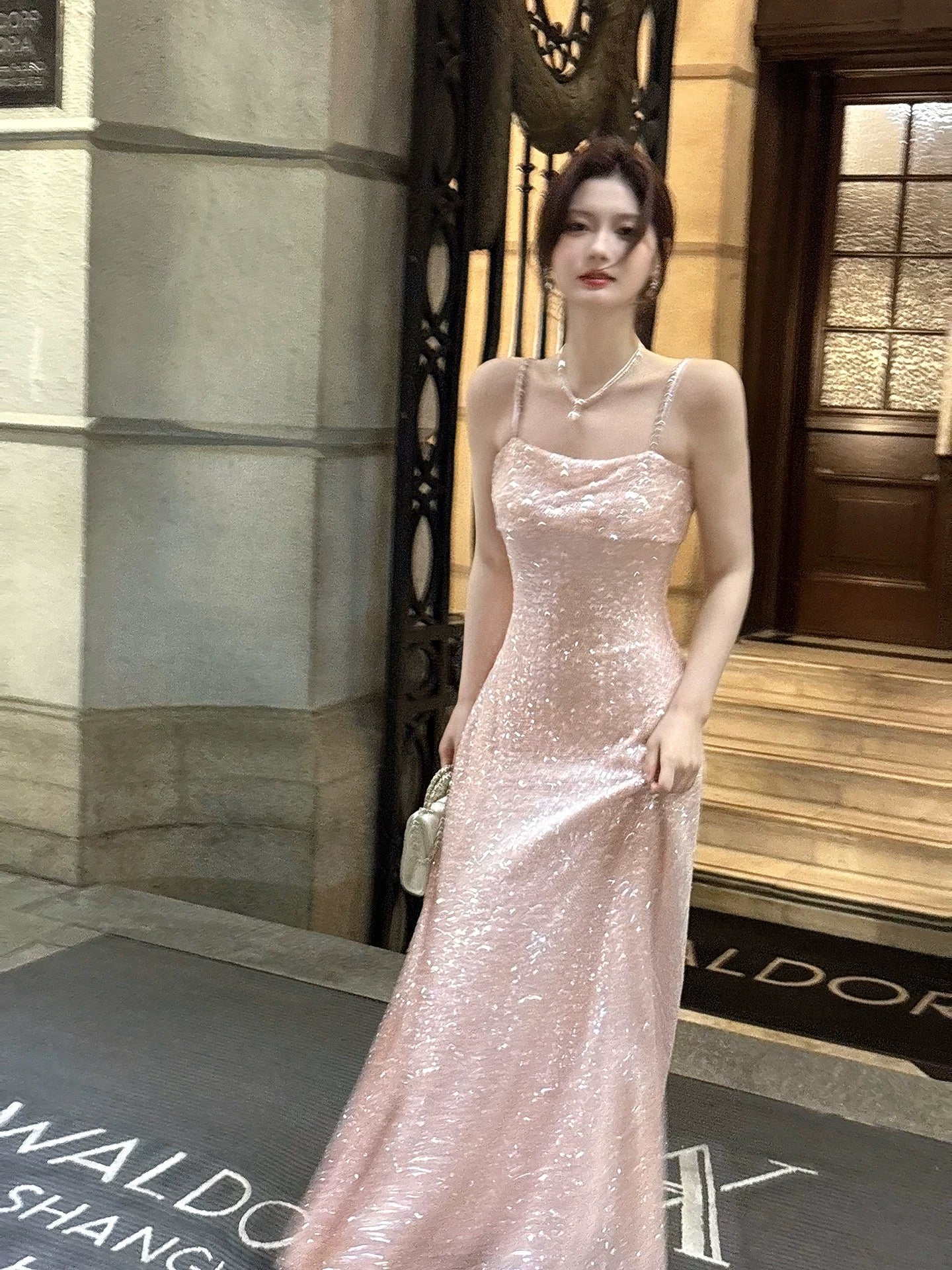 Sparkly Mermaid Spaghetti Strap Pink Sequin Sleeveless Date Night Outfit Outdoor Semi Formal Wedding Guest Dresses RB5025