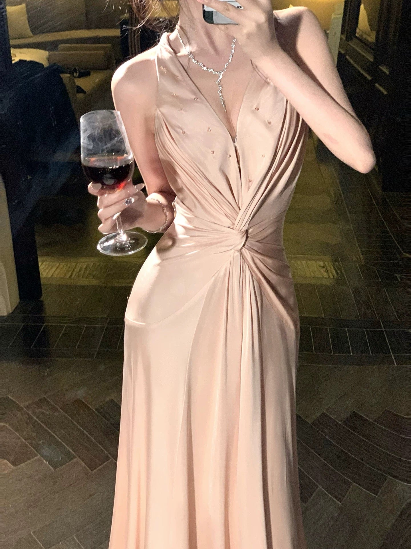 Elegant Mermaid Halter Backless Satin Pink Full-hem Maxi Semi Formal Garden Date Night Outfit Wedding Guest Dresses RB5040