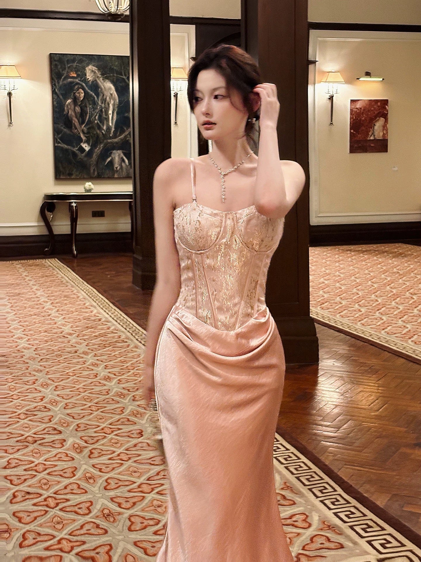 Simple Women's Mermaid Maxi Dress Spaghetti Strap Pink Satin Sleeveless Date Night Outfits Outdoor Semi Formal Wedding Guest Dresses RB5062