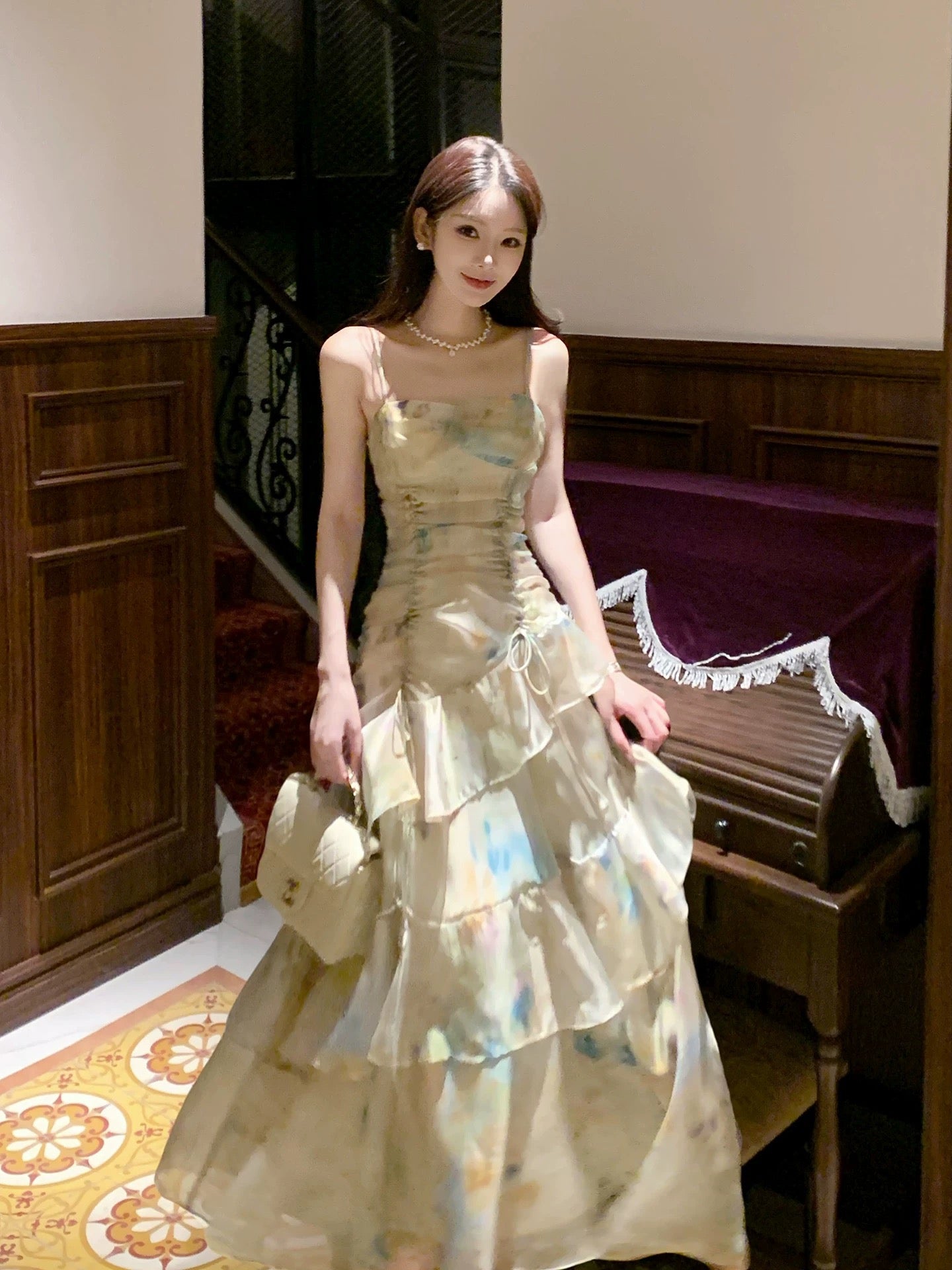 Unique Women's Mermaid Green Floral Chiffon Ruffled Maxi Dress Date Night Outfits Outdoor Semi Formal Wedding Guest Dresses RB5098