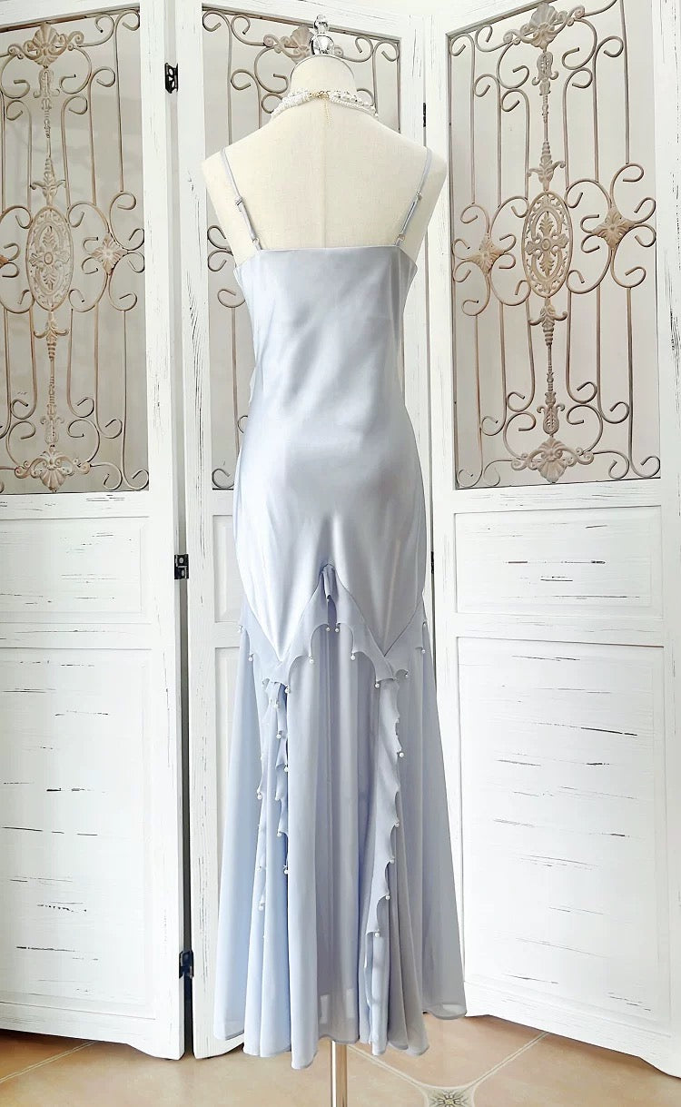 Modest Women's Mermaid Spaghetti Strap Dusty Blue Satin Maxi Dress Date Night Outfits Outdoor Semi Formal Wedding Guest Dresses RB5102