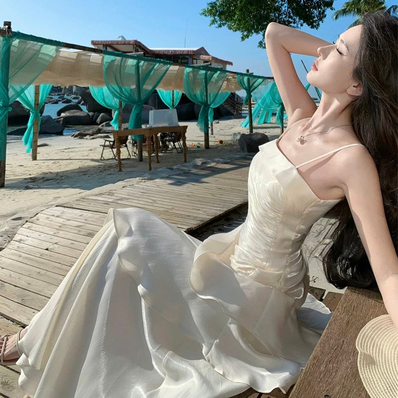 Dazzling Mermaid Spaghetti Strap White With Ruffled Outdoor Semi Formal Garden Beach Event Outfits Wedding Guest Dresses RB5112