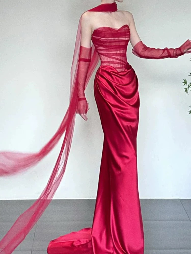 Robes de bal simples Sirène Cœur Rouge Tulle Avec Écharpe Gants Longue Robe de soirée N3175