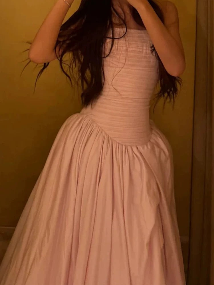 Einfache Ballkleider Trägerlos Rosa Satin Ärmellos Damen Formelles Kleid N3180
