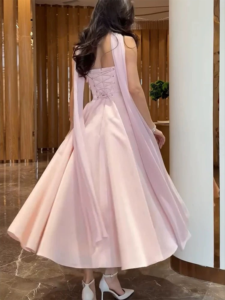 Modest A Line Strapless Satin Pink Ankle Length Evening Spring Summer Beach Formal Wedding Guest Dress N3492