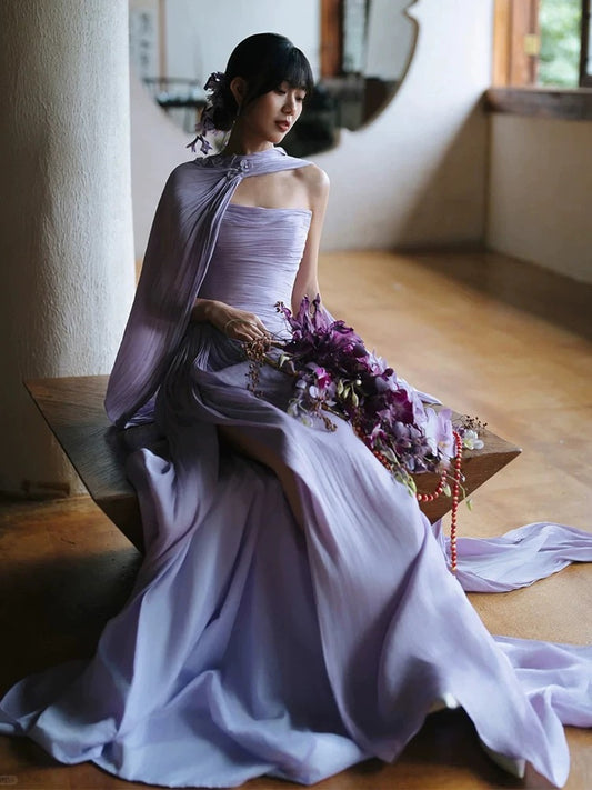 Charming Mermaid Strapless Lilac With Scarf Evening Summer Beach Formal Wedding Guest Dress N3510