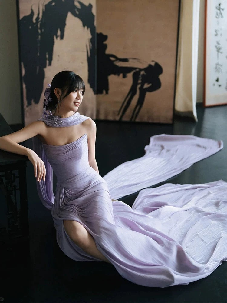 Charmante Robe de Soirée sans Bretelles Lilas Sirène avec Foulard pour Mariage d'Été sur la Plage N3510