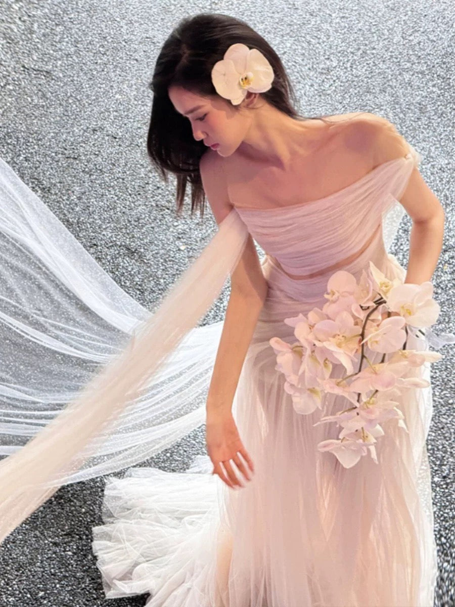 Romantische Brautkleider Meerjungfrau Off Shoulder Weißer Tüll Mit Ärmeln Sommer Garten Hochzeitskleid N3932