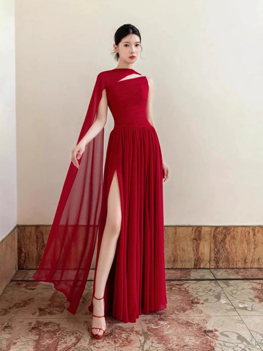 Simple A Line Strapless Red Chiffon Evening Spring Summer Beach Formal Wedding Guest Dresses N3933