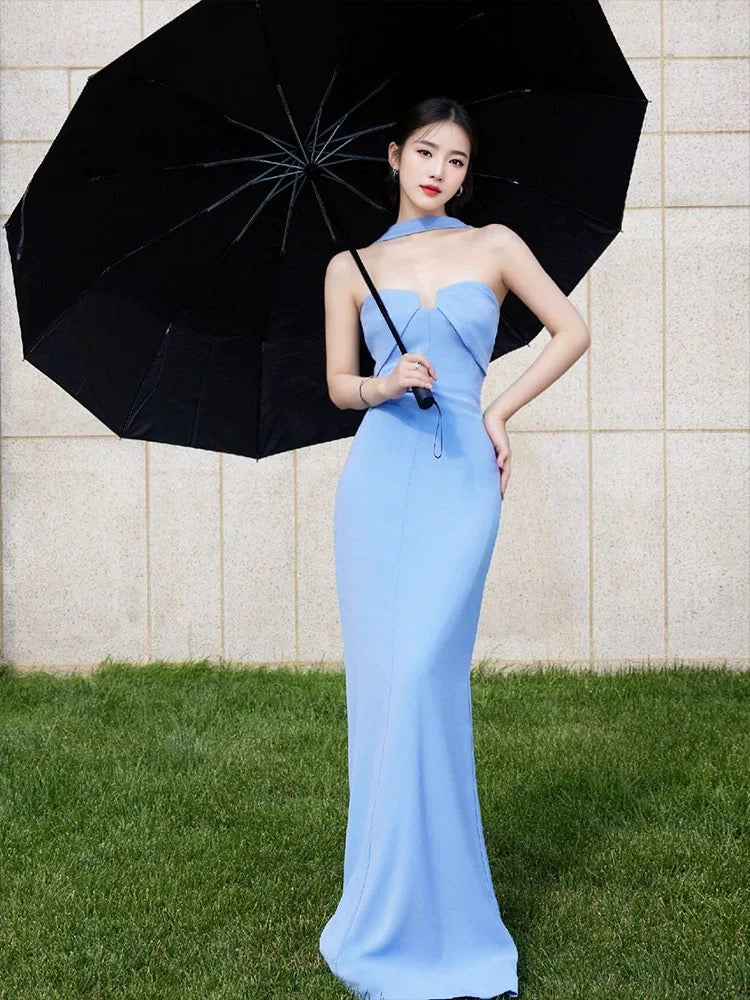 Schlichtes Meerjungfrau-Sweetheart-Kleid in Blau mit Schal für Abend, Frühling, Sommer, Strand, formelle Anlässe, Hochzeitsgast N3934