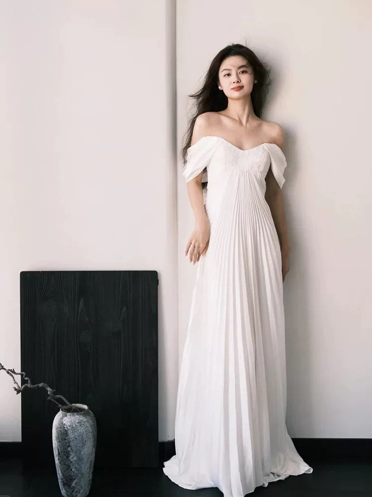 Schlichte Brautkleider A-Linie Off-Shoulder Weiß Chiffon Französischer Stil Sommergarten Hochzeitskleid N3938