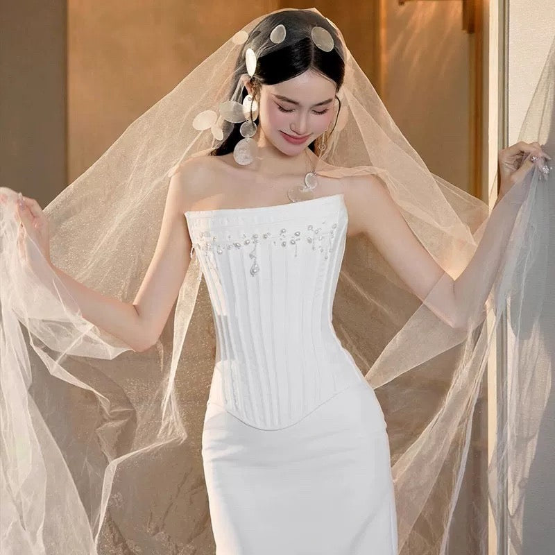 Classy Wedding Dresses Mermaid Strapless White With Pearls Summer Garden Wedding Reception Dress N3942