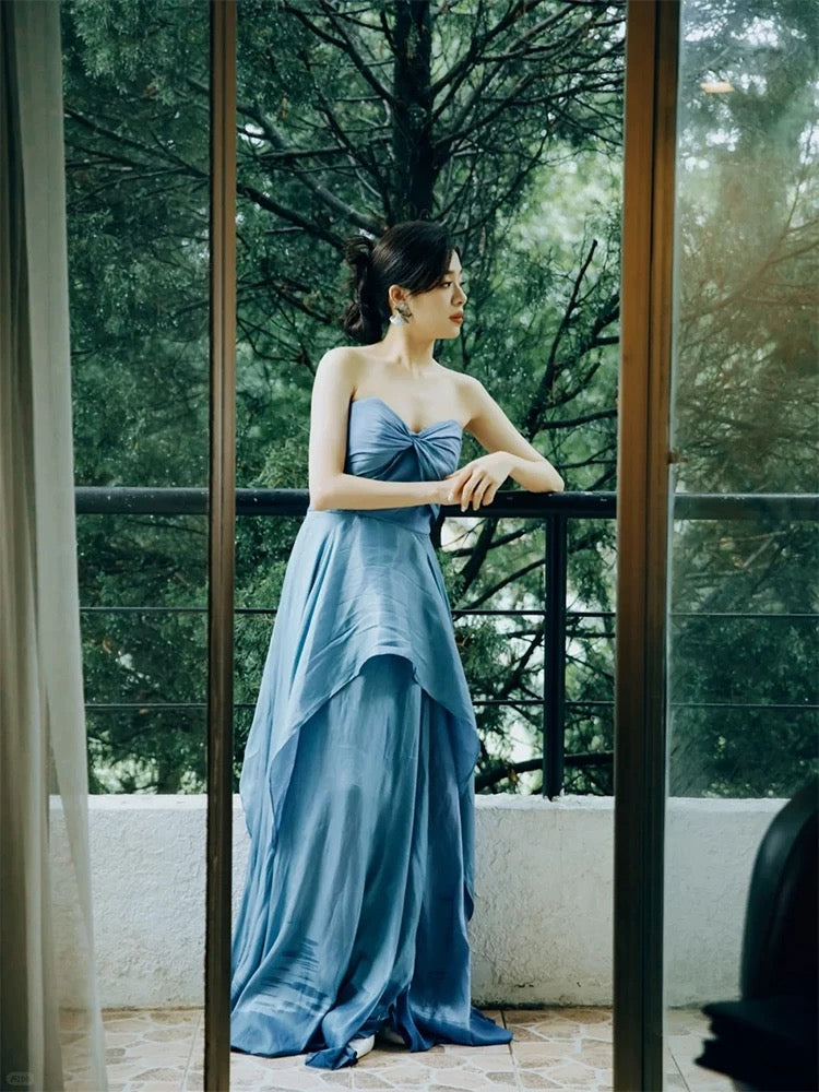 Glamouröses A-Linien Sweetheart Blaues Satin Ballkleid Frühling Sommer Strand Formell Hochzeitsgastkleid N3957