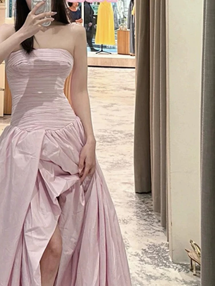 Glam Ballkleid Trägerlos Schlitz Rosa Satin Abschlussball Frühling Sommer Strand Festlich Hochzeitsgast Kleider N3960