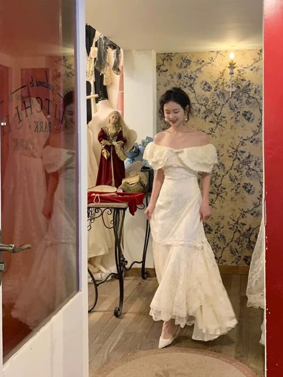 Vintage Wedding Dresses Mermaid Off The Shoulder White Lace With Sleeves Summer Garden Wedding Reception Dress N3961