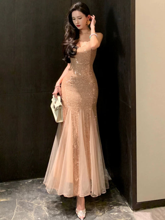 Mermaid Spaghetti Strap Champagne Sequin 21st Birthday Elegant Outfit Summer Beach Formal Wedding Guest Dresses N3978