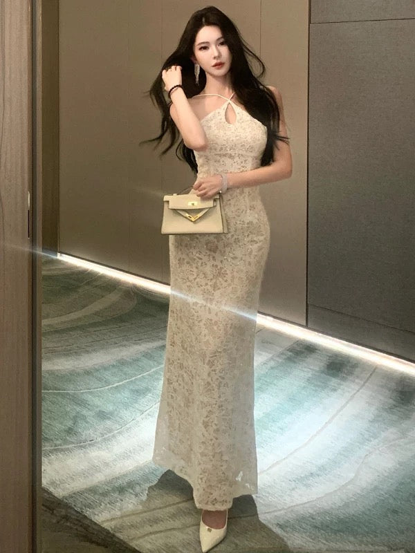 Belles robes de bal sirène en dentelle blanche robe de soirée formelle semi-longue N3990
