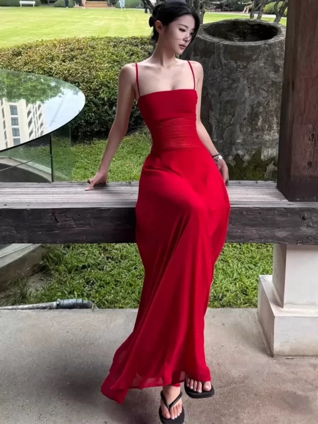Einfache Abschlussballkleider A-Linie Rot Spaghettiträger Chiffon Abendkleid Formell mit plissiertem Ballkleid N4005