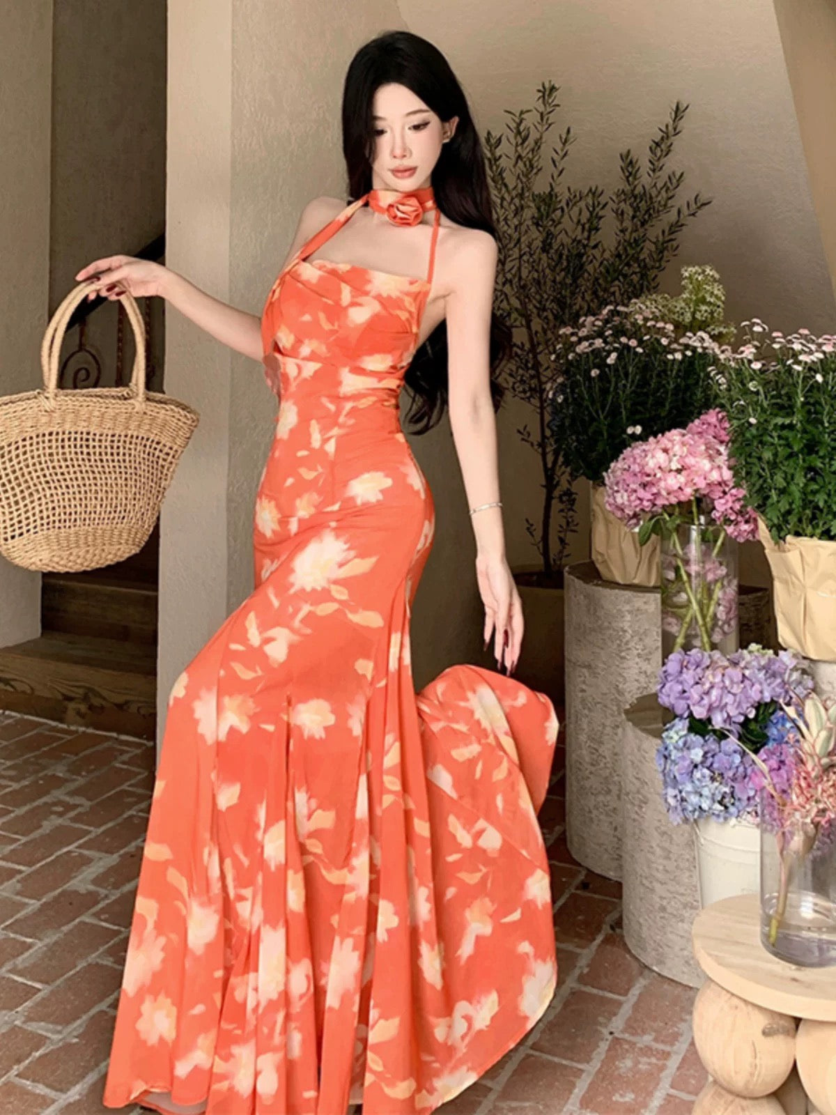 Einfache Ballkleider Meerjungfrau Neckholder Orange Chiffon Abendkleid Abendkleid N4009