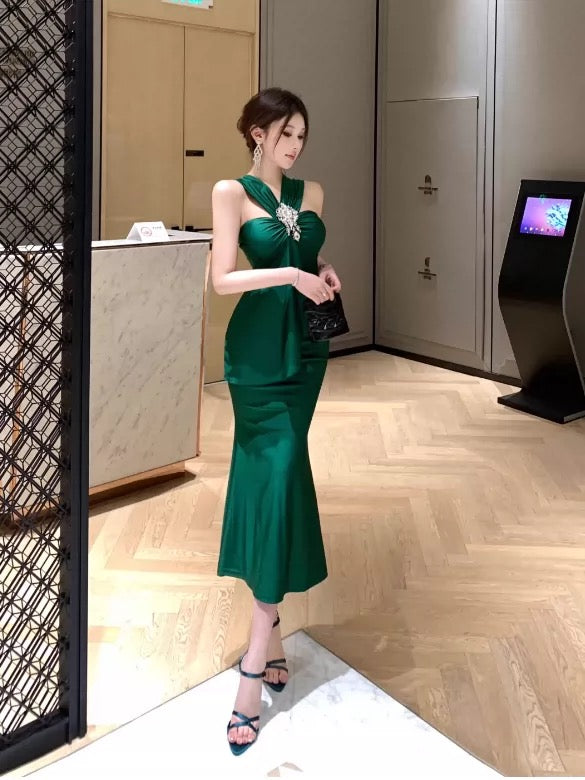 Meerjungfrau Neckholder Dunkles Smaragdgrün 21. Geburtstag Elegantes Outfit Teelange Hochzeitsgastkleider N4018