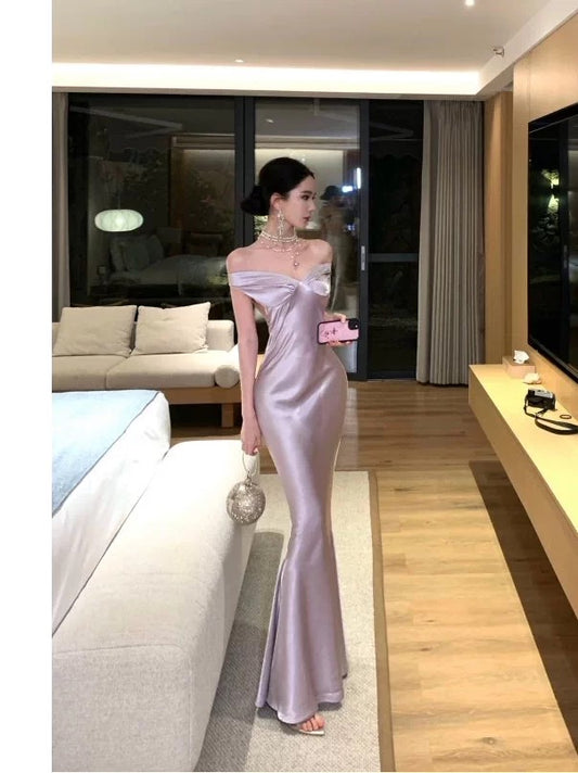Simple Prom Dresses Mermaid Off The Shoulder Lilac Satin Evening Gown Formal Dress N4018