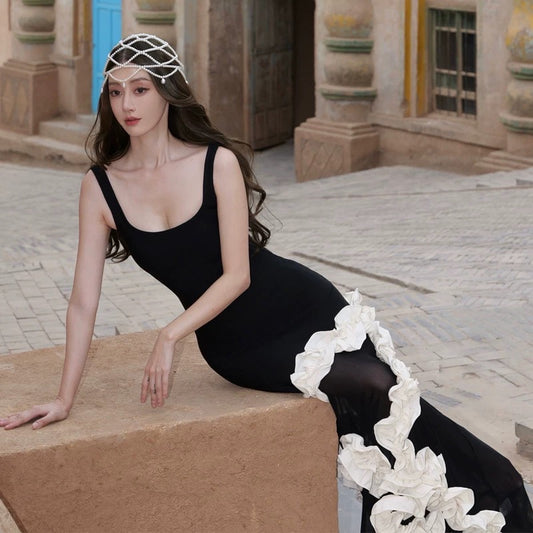 Mermaid Square Neck Black Tie 21st Birthday Elegant Outfit Floor Length Wedding Guest Dresses N4019