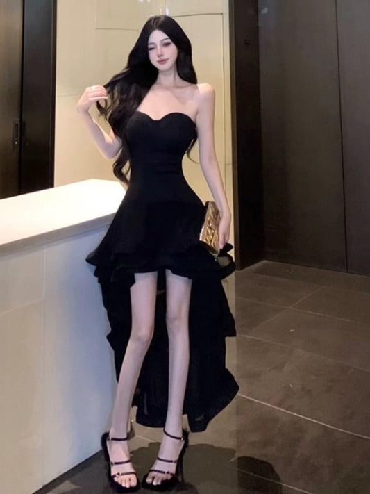 Sexy High Low Sweetheart Black 21st Birthday Elegant Outfits Wedding Guest Dresses N4020