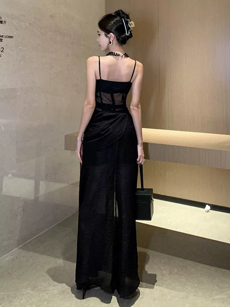 Sexy Meerjungfrau Spaghettiträger Schwarze Krawatte 18. Geburtstag Elegantes Outfit Sommer Hochzeitsgastkleider N4045