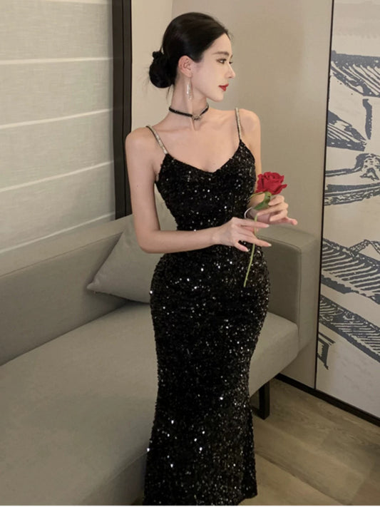 Sexy Mermaid Spaghetti Strap Black Tie 18th Birthday Elegant Outfit Sequin Wedding Guest Dresses N4046