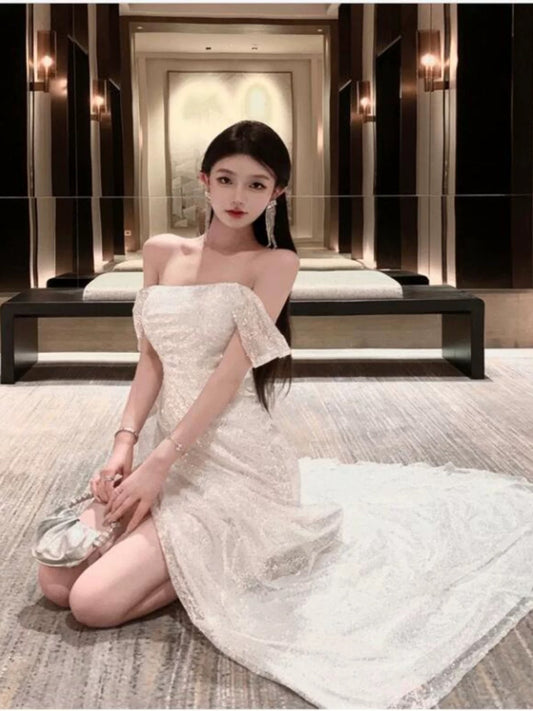 Sexy Mermaid Off The Shoulder White Sequin 21st Birthday Elegant Outfit Summer Wedding Guest Dresses N4051