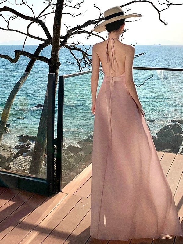 A Line Halter Blush Pink Backless 18th Birthday Elegant Outfit Prom Wedding Guest Dresses N4057