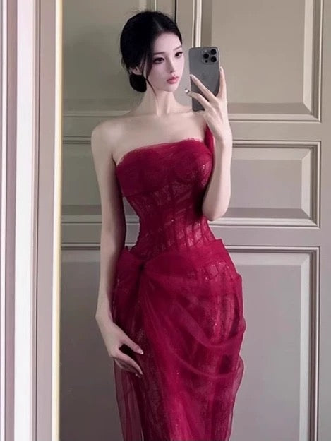 Mermaid One Shoulder Burgundy Lace 18th Birthday Elegant Outfit Prom Wedding Guest Dresses N4060