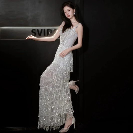 Beautiful Women's A Line Sweetheart Silver Sequin Maxi Dress Date Night Evening Outfit Semi Formal Prom Dresses RB5223