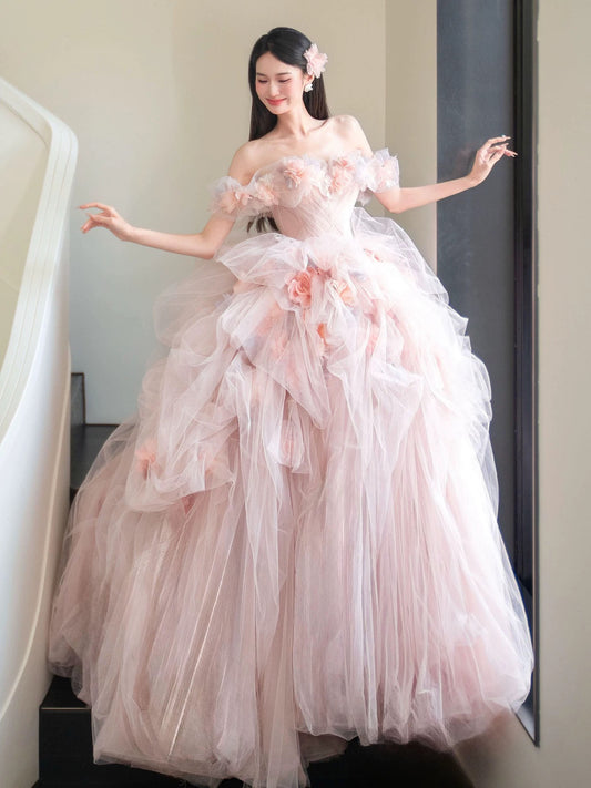 Cute Prom Dress Ball Gown Off The Shoulder Tulle Pink With Flowers Floor Length Quinceanera Dresses Party Formal Outfits RB5226