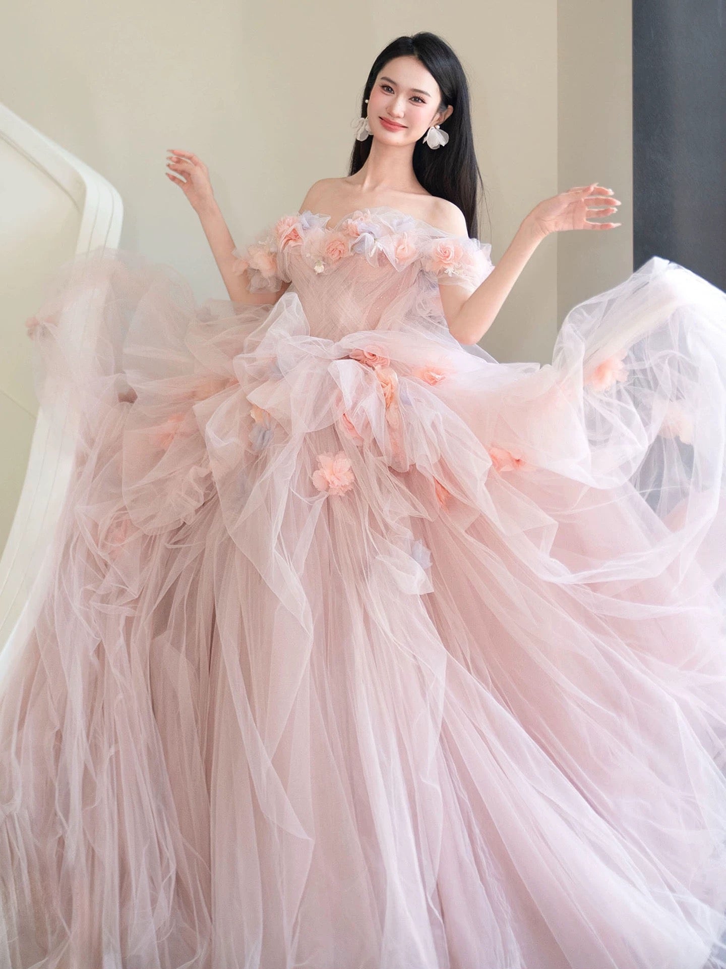 Cute Prom Dress Ball Gown Off The Shoulder Tulle Pink With Flowers Floor Length Quinceanera Dresses Party Formal Outfits RB5226