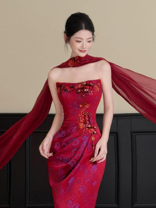 Pretty Women's Mermaid Strapless Fuchsia Satin Maxi Dress Date Night Evening Outfit Semi Formal Prom Dresses RB5227