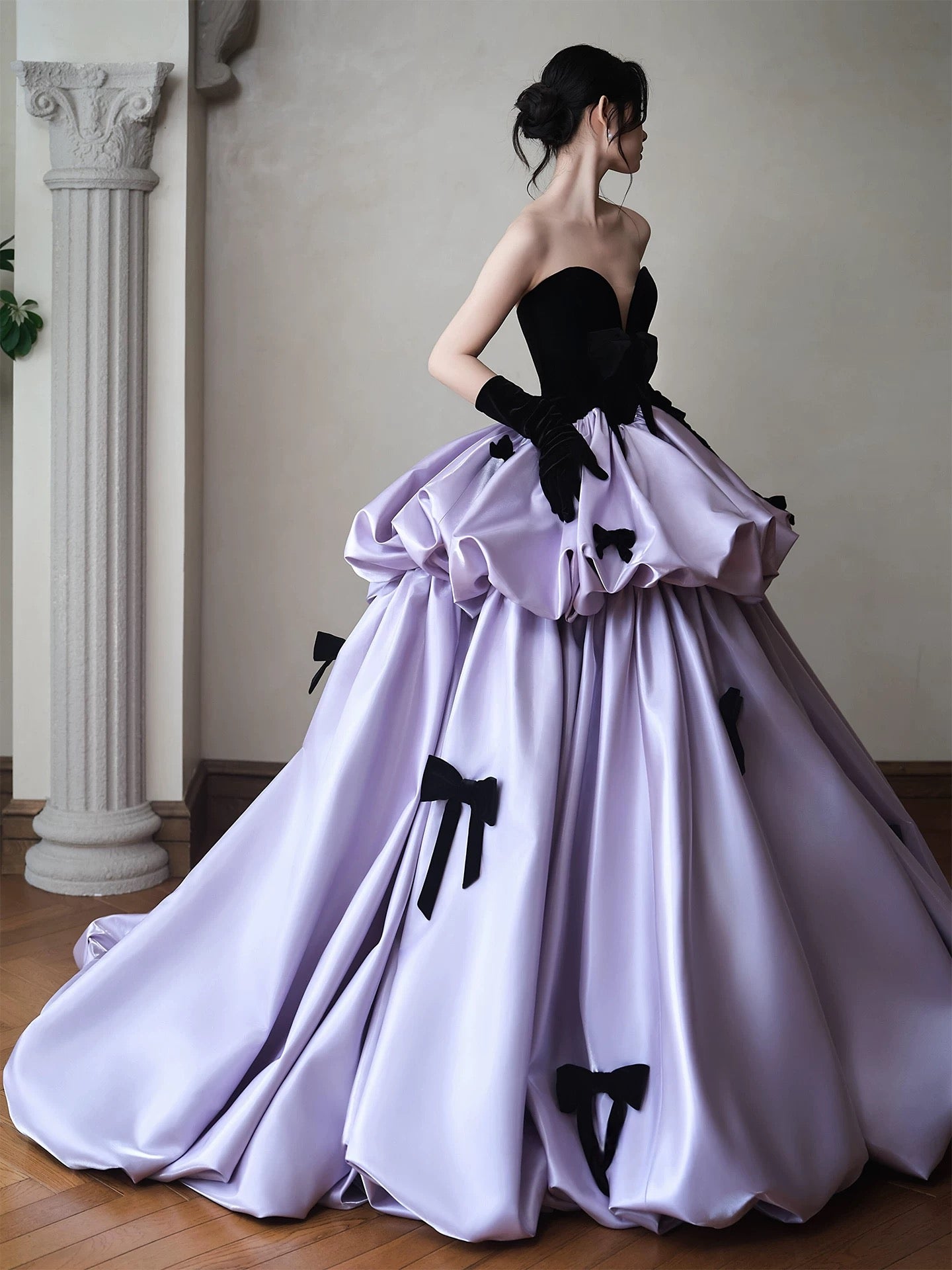 Cute Prom Dress Ball Gown Sweetheart Lilac Satin With Bow Floor Length Quinceanera Dresses Evening Formal Outfits RB5238