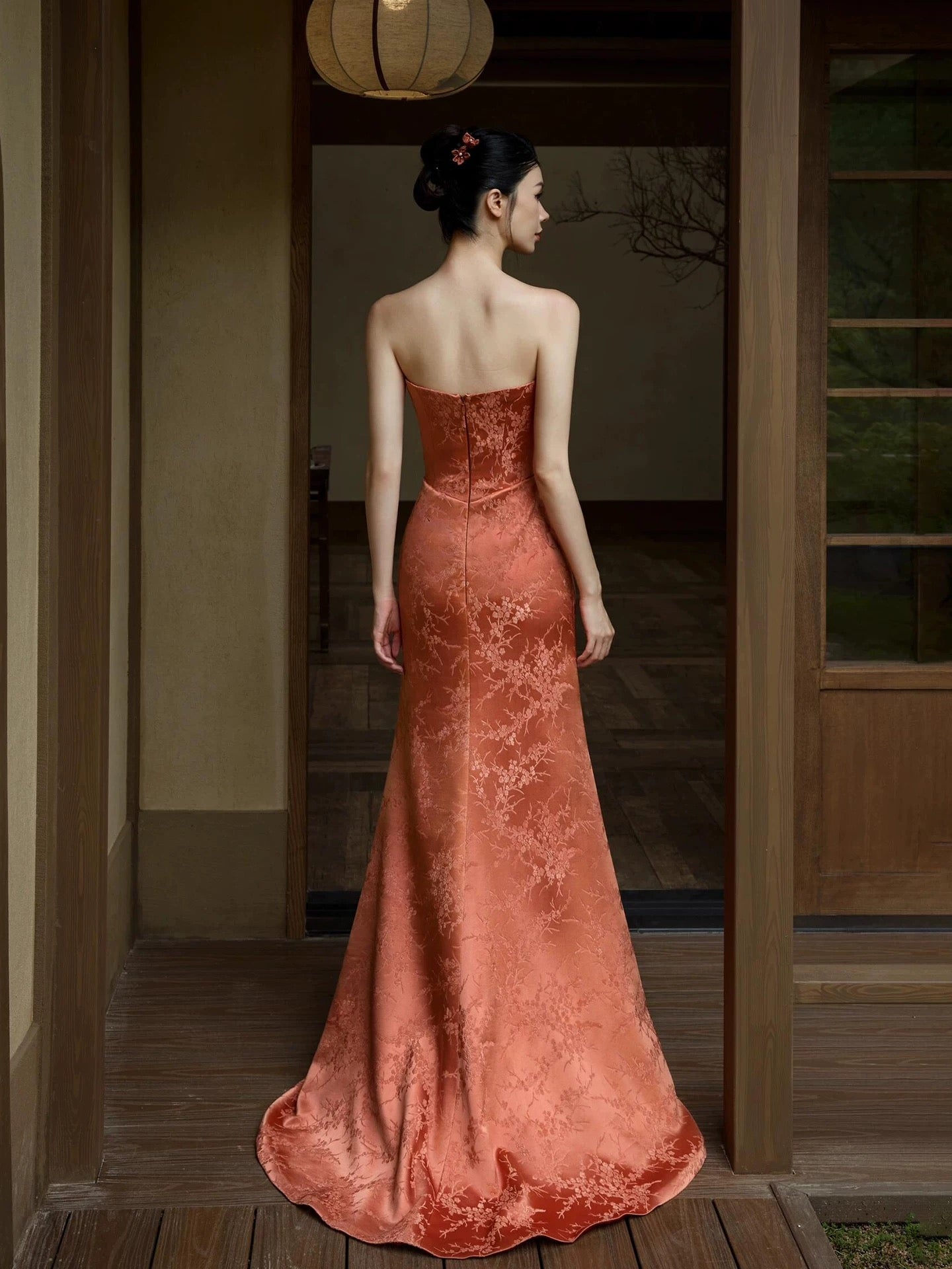 Modest Mermaid Strapless Rust Red Satin Long Evening Dresses Ideas Evening Outfits RB5185