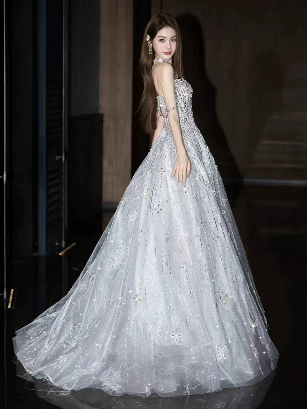 Sparkly A Line Sweetheart Silver Gray With Beading Date Night Outfits Semi Formal Prom Gown Evening Dresses RB5307
