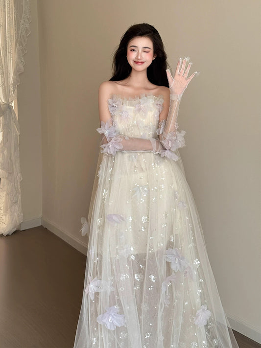 Princess Ball Gown Strapless White Tulle With Flowers Date Night Evening Outfit Formal Prom Dresses RB5328