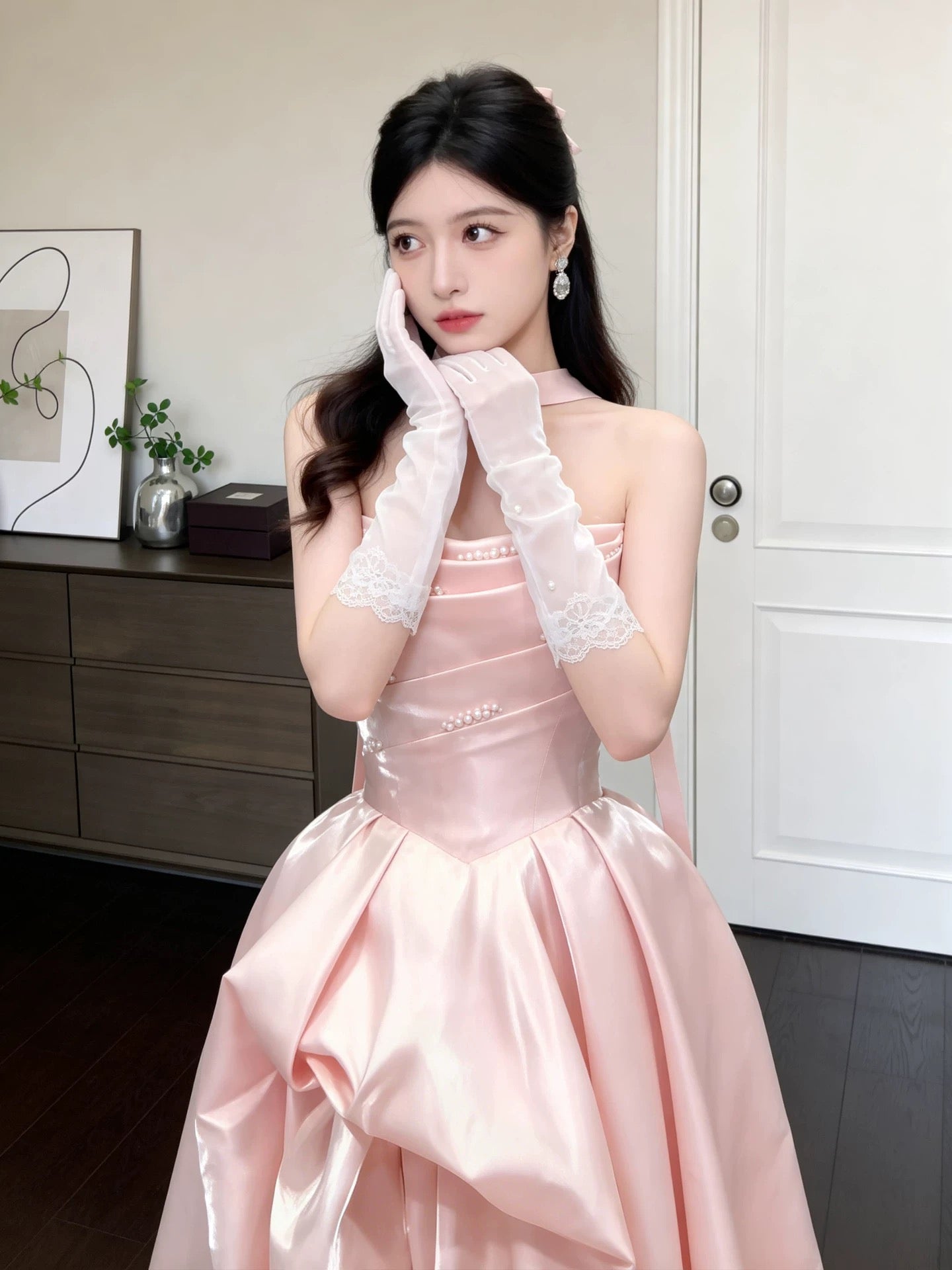Princess Ball Gown Strapless Pink Satin With Ruffled Date Night Evening Outfit Formal Prom Dresses RB5331