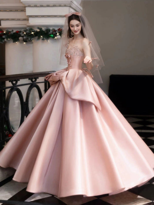 Princess Ball Gown Strapless Pink With Beads Bow Date Night Evening Outfit Formal Prom Dresses RB5339