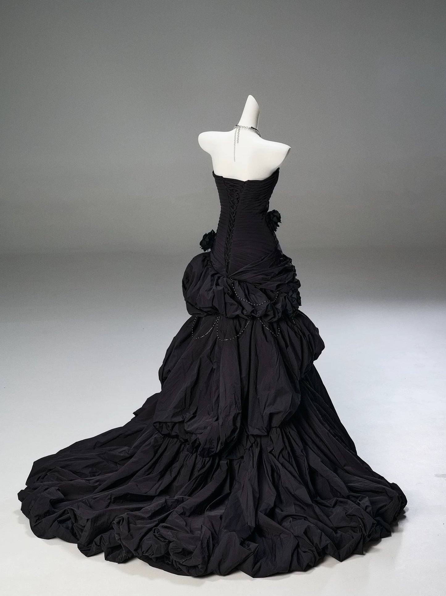 Classy Mermaid Strapless Black Taffeta With Folded Flowers Date Night Outfits Long Formal Prom Gown Evening Dresses RB5586